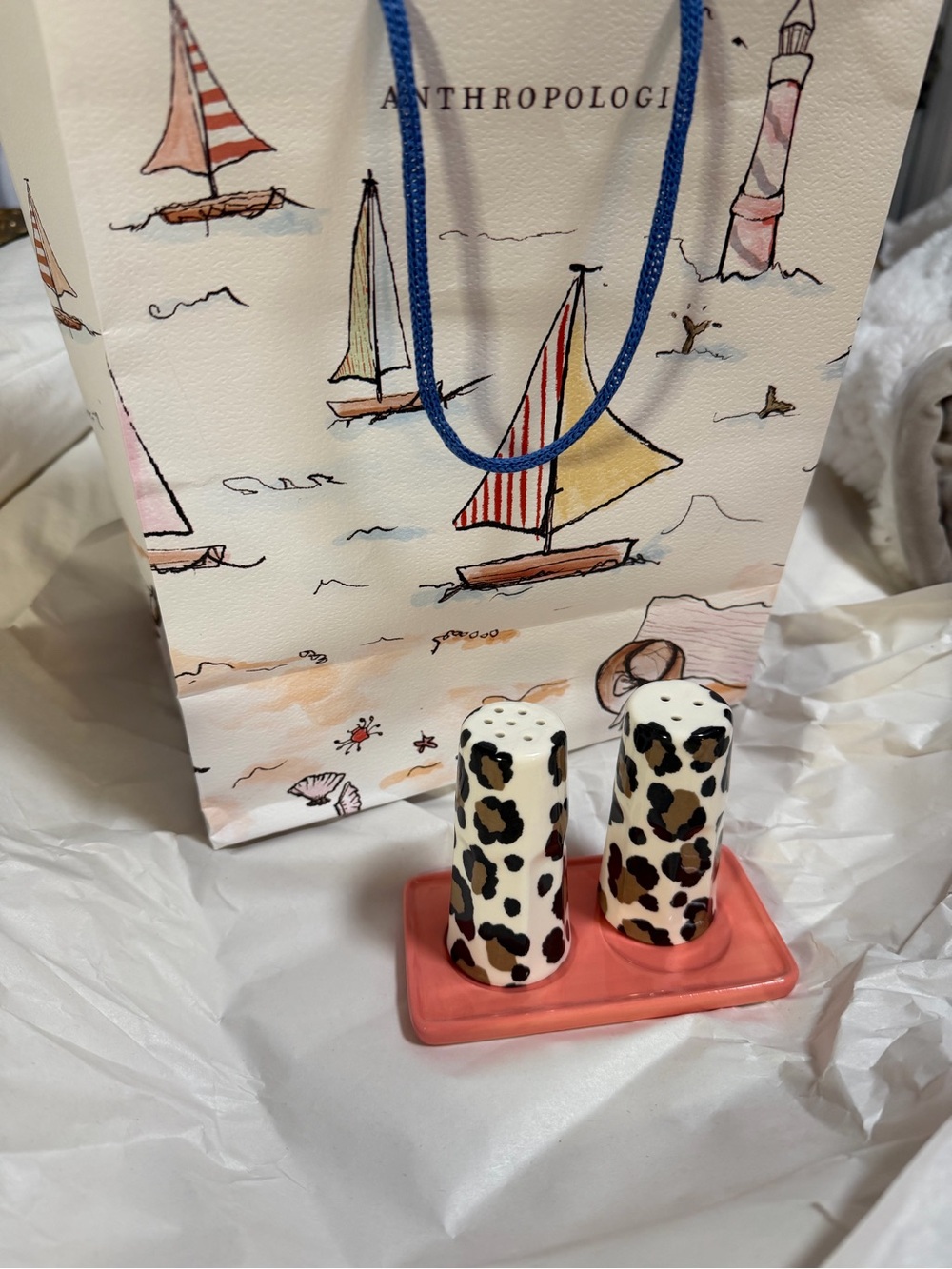 Anthropologie Leopard Spot Ceramic Salt and Pepper Shakers with Coral Tray